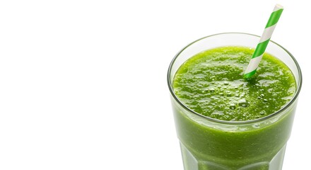 Healthy Green Smoothie in a Glass with Straw against a Bright White Background for Nutrition