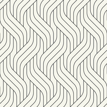 Vector seamless pattern. Endless, stylish, tileable design. Rippled, monochrome, geometric background. Linear, weaved grid. Thin, interlaced swatch. Can be used as a swatch for Illustrator.