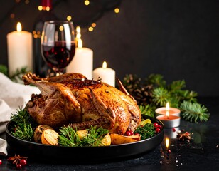 Elegant roasted pheasant centerpiece with candlelight reflections creating a cozy dining atmosphere