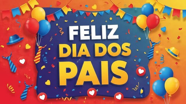 Festive "Feliz Dia dos Pais" Animation with Balloons, Confetti, and Celebration