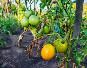 Organic healthy green tomato fruit vegetable grow in agriculture farm. green tomato on branch in garden