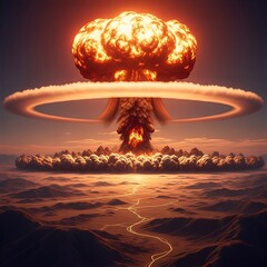 A massive mushroom cloud erupts over a desolate landscape, signifying a powerful explosion.