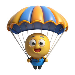 Cheerful emoji skydiving with parachute isolated on a transparent background