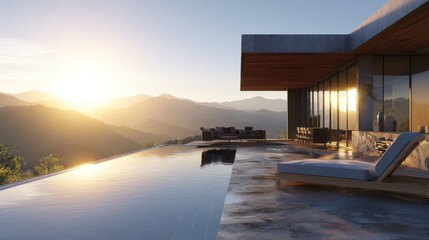 Stunning Sunset View from Modern Infinity Pool and Luxury Villa Relaxing Outdoor Space with Mountain Panorama