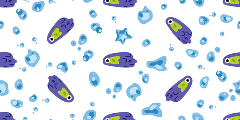 Seamless Cartoon Fish Bubble Pattern. Funny purple fish with bubbles and sea elements in flat playful style on light background.