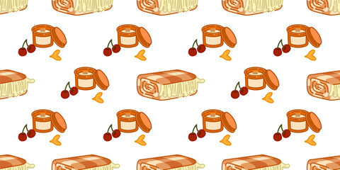 Fototapeta premium Cozy Blanket Candle Pattern Design. Seamless cartoon illustration with folded blankets, scented candles, cherries and petals in soft warm palette on light background.