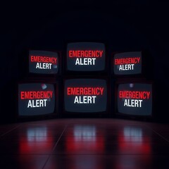 Six vintage television screens displaying "Emergency Alert" in a dark, ominous setting.