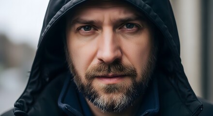 Man in a black hood closeup portrait