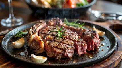 Sizzling steak plate with perfectly grilled ribeye, roasted garlic cloves, fresh rosemary garnish, cast iron serving dish, restaurant quality presentation