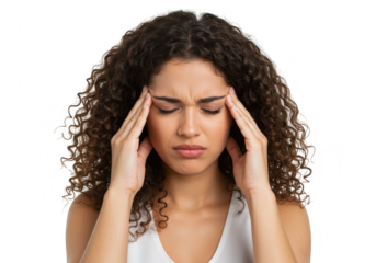 A young woman experiences a headache, pressing her fingers to her temples with eyes closed, isolated on transparent background