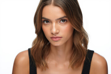Fototapeta premium Striking Portrait of a Young Woman with Wavy Brown Hair and a Neutral Expression Against a Bright White Background Showcasing Natural Beauty and Confidence