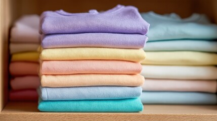 Stack of Pastel Colored T shirts Neatly Folded in a Drawer Soft and Comfortable Clothing Items Ready for Use