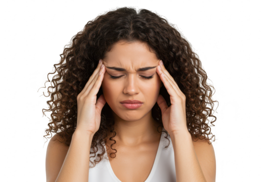 A young woman experiences a headache, pressing her fingers to her temples with eyes closed, isolated on transparent background