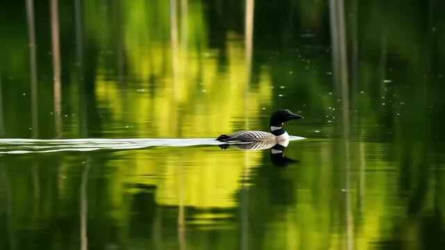 A serene scene of a loon gliding across a tranquil lake surrounded by vibrant green reflections of trees, capturing the essence of nature's beauty in the background