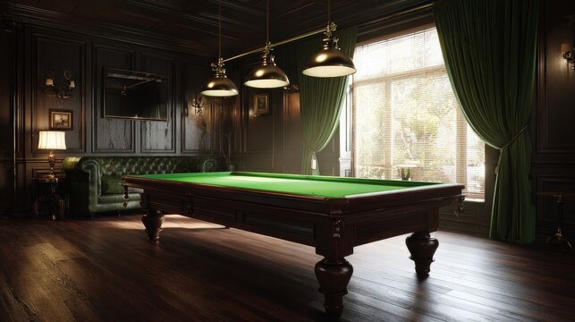 Luxurious Billiards Room Interior Design Elegant Green Pool Table in a Dark Wood Panelled Game Room with Large Windows