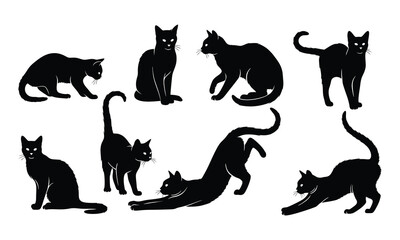 Black cats in various poses on white background, silhouettes of domestic animals set