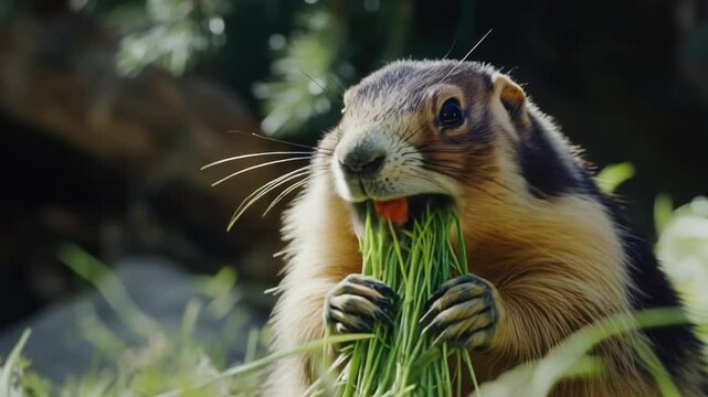 A groundhog munches on grass in a sunny meadow, perfect for use in images about wildlife or nature