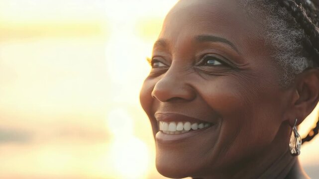 A woman with a joyful smile, showcasing her contentment in an outdoor setting at sunset.