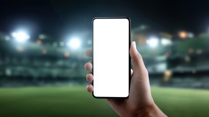 Close-Up of Hand Holding Smartphone with Blank Screen – Blurred Football Stadium and Bright Night Lights