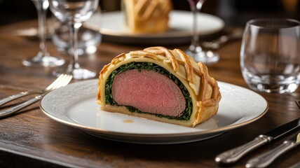 Beef Wellington three quarter view showcasing perfect medium-rare center with golden latticed pastry crust and spinach layer on elegant white plate in upscale restaurant setting
