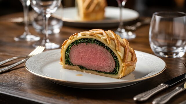 Beef Wellington three quarter view showcasing perfect medium-rare center with golden latticed pastry crust and spinach layer on elegant white plate in upscale restaurant setting