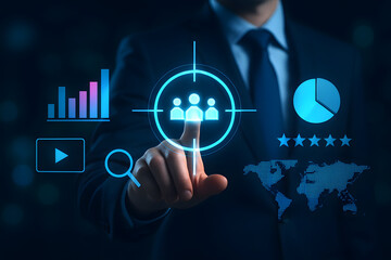 Businessman targeting customers with digital interface for business growth and success
