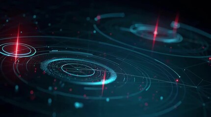 Futuristic Precision Targeting Visualization with Laser Beams Striking Glowing Data Nodes on Isometric Network Map Featuring Concentric Radar Circles and Clean Geometric Design in Cool Neon Colors on - Powered by Adobe
