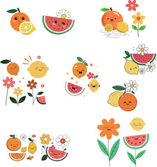 Fototapeta premium Cute Cartoon Fruits and Flowers