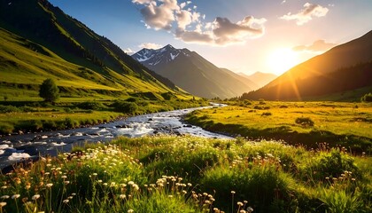 Mountain valley at sunset
