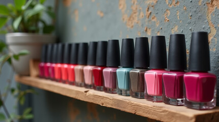 Collection of colored gel nail polishes in bottles in a row on a wooden shelf, selective focus