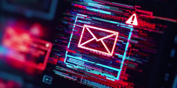 Phishing Email Concept with Glowing Digital Envelope Containing Embedded Malicious Code Patterns Surrounded by Glitch Effects and Warning Signs in Ominous Lighting Cybercrime Theme Ultra-Detailed High