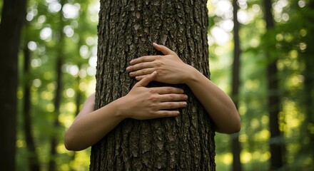 Close-up of hands embracing a tree trunk in a green forest. Symbol of unity with nature, care for the environment, love of nature, protection of forests, ecology, awareness and ecotherapy.