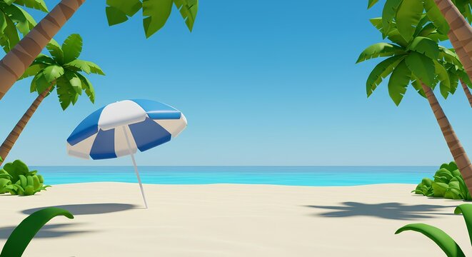 Summer background, 3d render of tropical beach with beach umbrella,  parasol and palm trees on the background of the ocean with free space for text