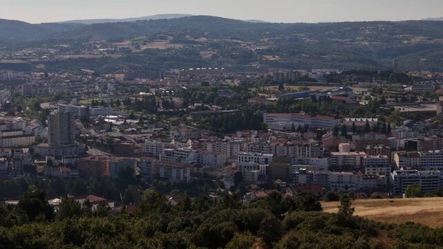 Aerial view of Saint Bartolomeu statue overlooking Braganca, Portugal