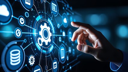 A human finger interacts with a futuristic digital interface displaying interconnected icons representing cloud computing data storage and operational gears symbolizing technology and innovation