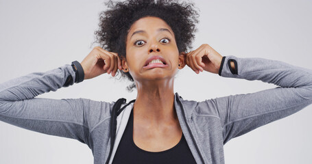 Studio, portrait or woman with funny face, facial expression or silly for humor, gesture and comic....