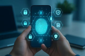 Hands holding smartphone with fingerprint scan and security icons for data protection