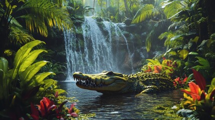 Fototapeta premium Crocodile resting near a tranquil waterfall in a lush jungle setting.
