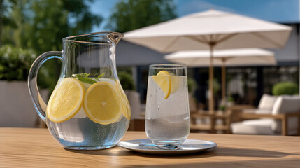 Fototapeta premium Fresh lemon water in glass pitcher and tumbler on wooden table outdoors, summer garden background, refreshing and healthy beverage