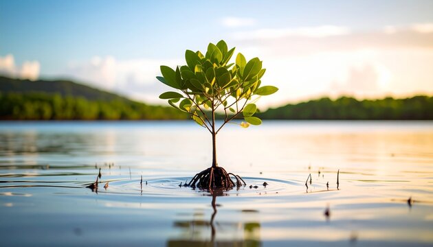 International Day for Mangrove Conservation Editorial A minimalist shot of a single mangrove seedling in the reflection of standing water