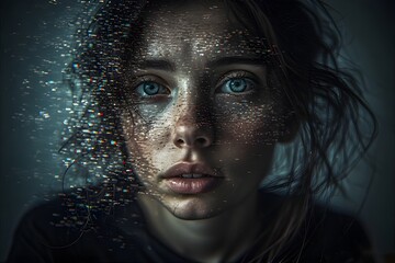 ia generated. Close-up of a young woman’s face blended with abstract digital lines and codes.