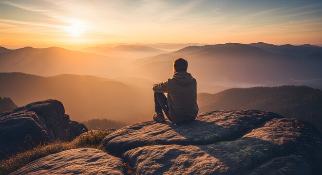 Man on mountain peak at sunrise