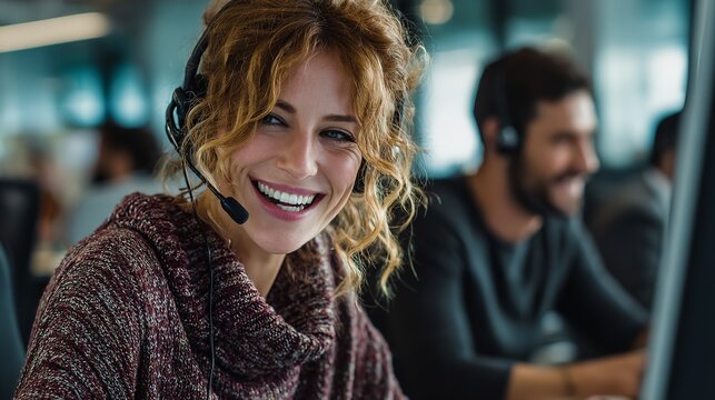 Smiling female call center agent with headset in an office environment providing friendly customer service support