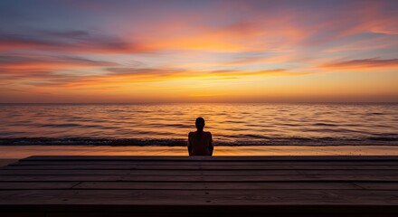 Silhouette of a Person Sitting on a Dock Watching the Colorful Sunset Over a Tranquil Lake