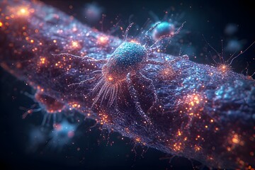 ia generated. Highly detailed dust mite on textured surface surrounded by glowing particles and fibers. Microscopic View of Dust Mite on Surface with Glowing Particles


