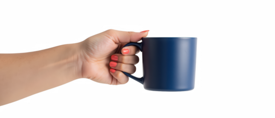 Hand holding blue ceramic mug with smooth finish, showcasing casual and relaxed vibe. nails are painted in vibrant color, adding touch of style