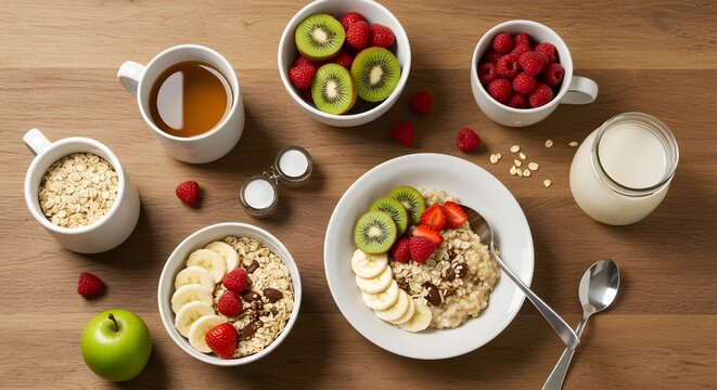 Colorful Healthy Breakfast Composition Featuring Oatmeal with Fruits and Beverages on Wooden Table