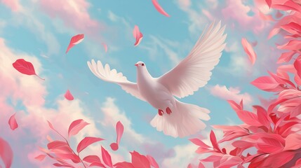 Obraz premium White Dove Flying Over Red-Pink Leaves – Pastel Dreamy Landscape with Blue Sky and Soft Sunlight