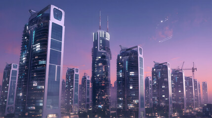 A stunning futuristic cityscape featuring sleek high-rise buildings with illuminated windows under a purple dusk sky, blending modern architecture with sci-fi elements and advanced urban development. 