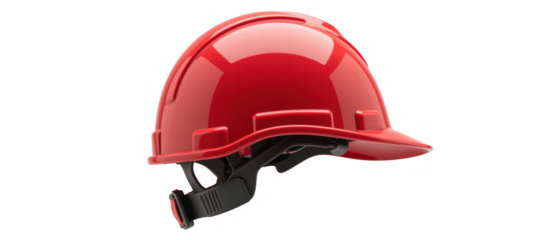 Red safety helmet, protective gear for construction, durable material, hard hat design, side view, industrial safety equipment, essential